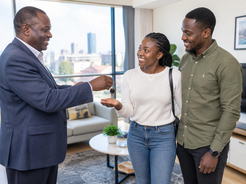Landlord handing keys to new tenants